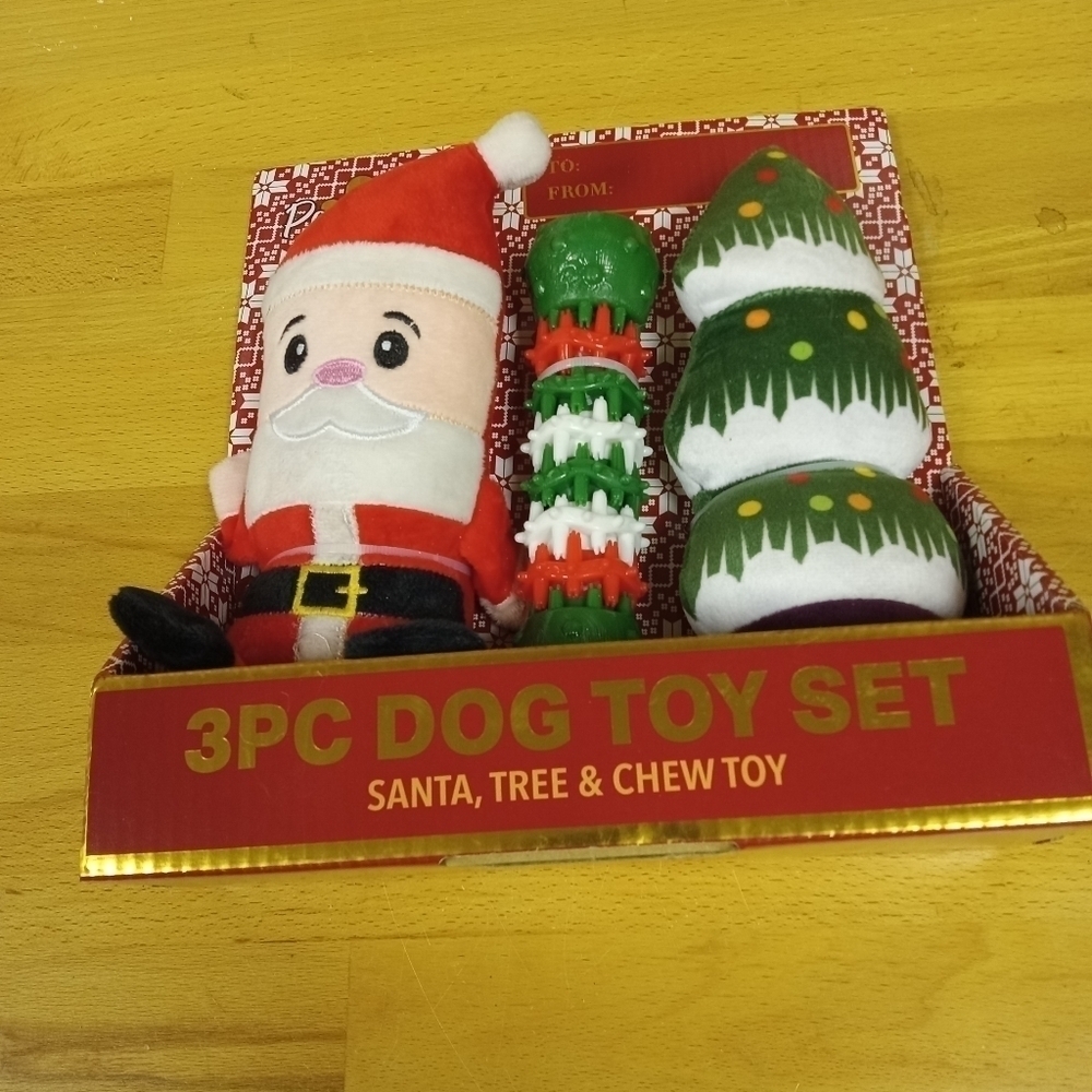 NEW 3 Piece Christmas Dog Toys & Chew Toy Set Santa Claus Christmas Tree